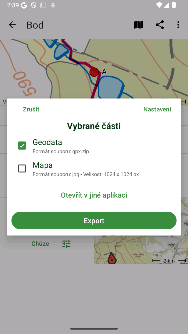 Export vyskakovacího okna Topo GPS