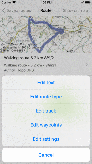 Pop-up-Routendetails bearbeiten Topo GPS