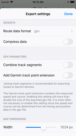 Bildschirm mit den Einstellungen für den Routenexport Topo GPS