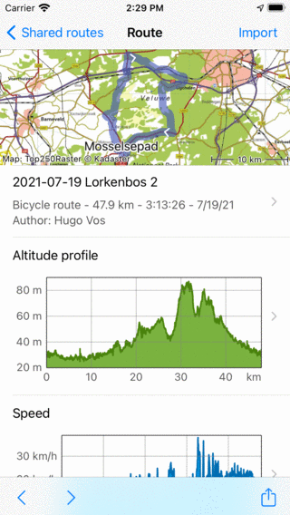 Bildschirm mit Routendetails Gemeinsame Route Topo GPS