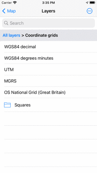 Coordinate grids in the layers screen Topo GPS