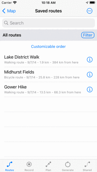Routes screen Topo GPS