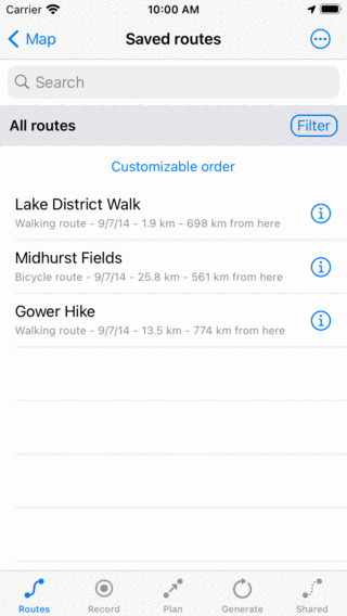 Routes screen Topo GPS