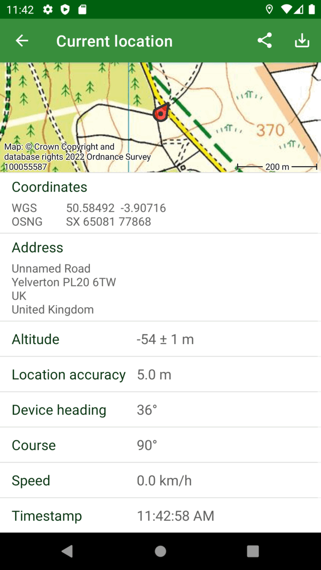 Écran de localisation actuelle Topo GPS