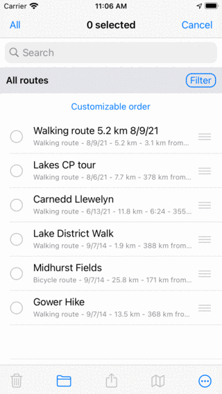 Écran de sélection d'itinéraire Topo GPS