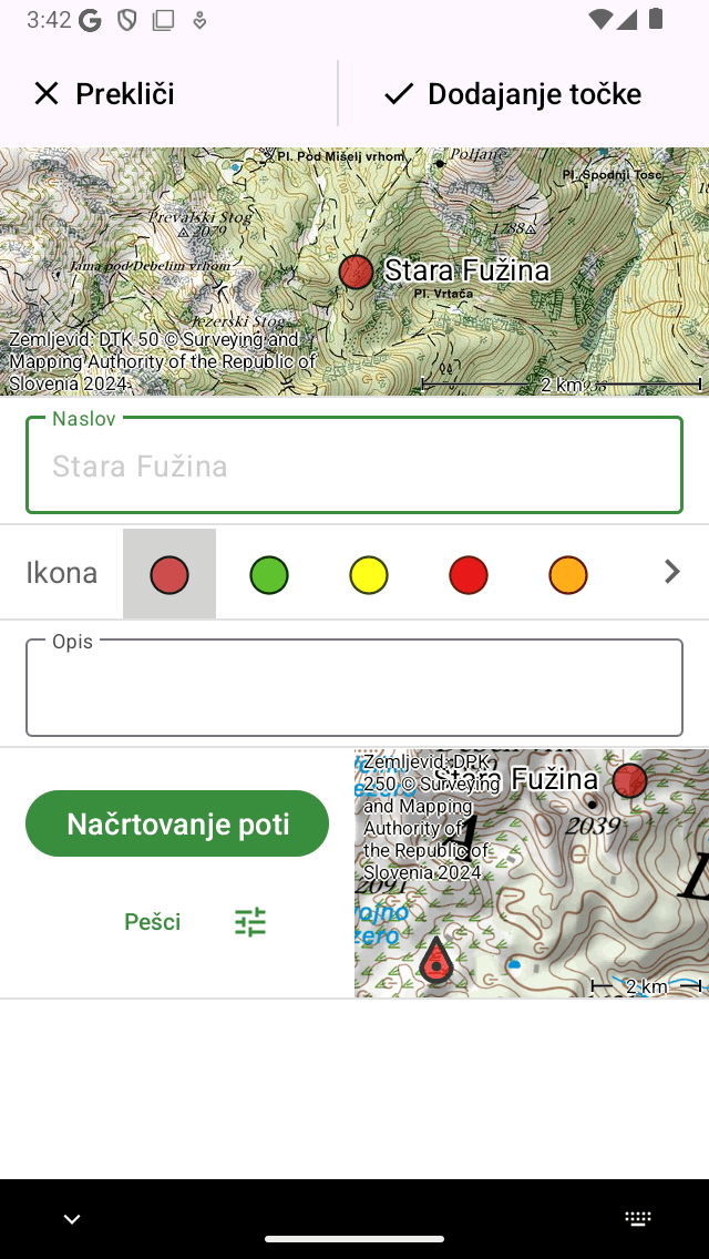 Zaslon za ustvarjanje poti iz zemljevida Topo GPS