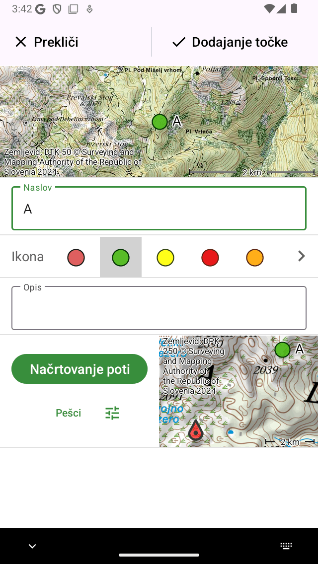 Točna točka je dodana na zemljevid Topo GPS