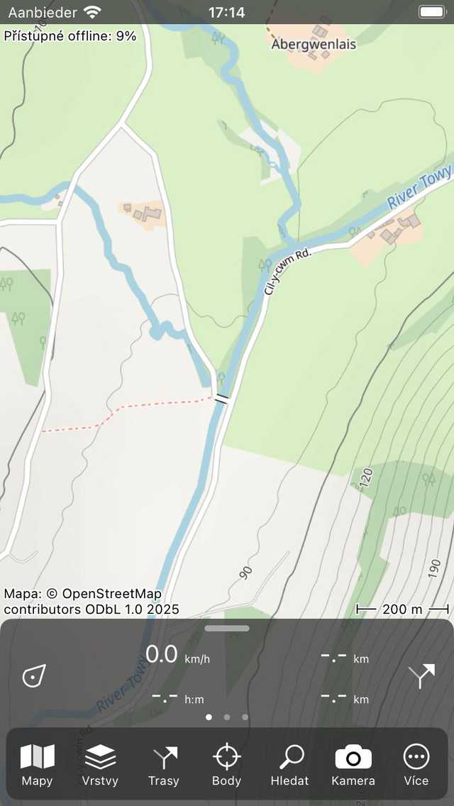Obrazovka hlavní mapy OpenStreetMap Topo GPS