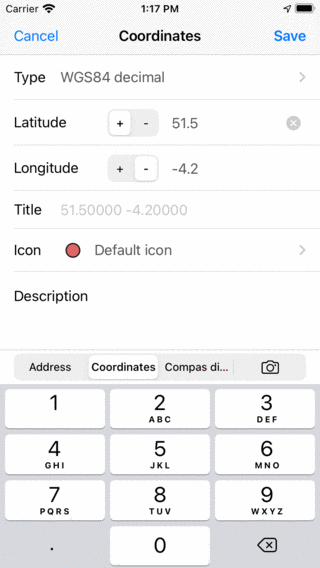 Indtast koordinater GPS manual iOS