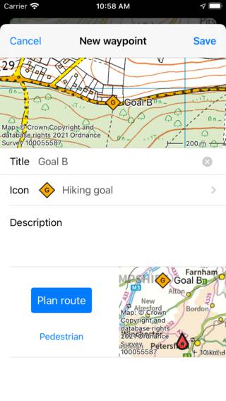 Bildschirm zur Erstellung von Wegpunkten Topo GPS