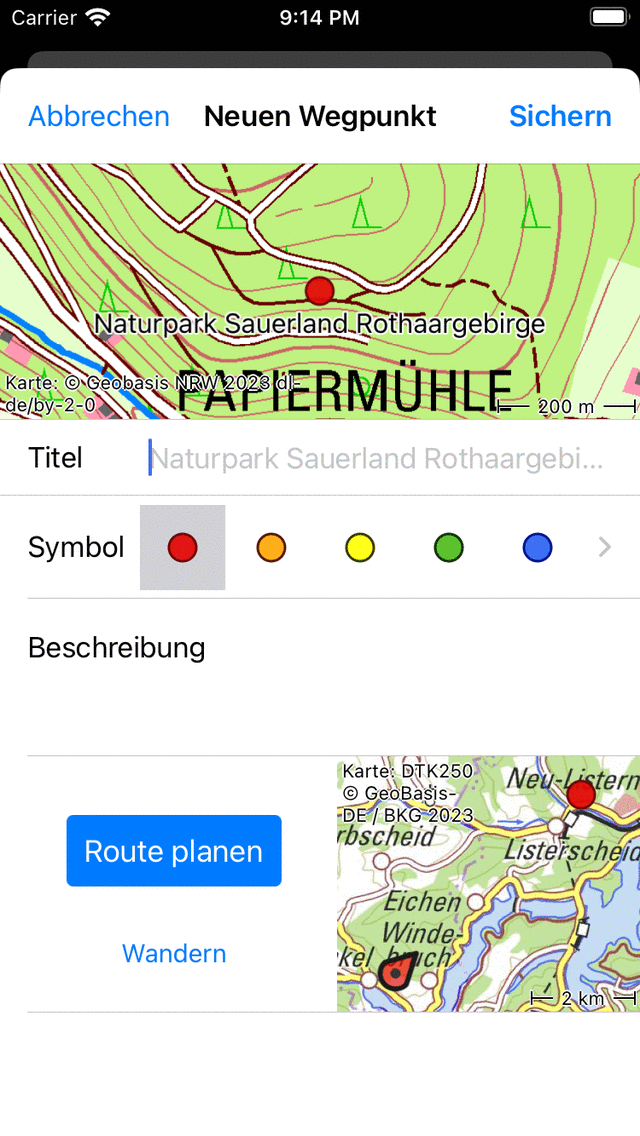 Bildschirm zur Erstellung von Wegpunkten aus der Karte Topo GPS