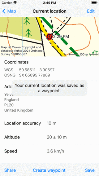 Saving current location as waypoint Topo GPS