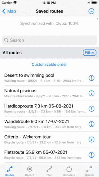 Routes and waypoints synchronize iCloud