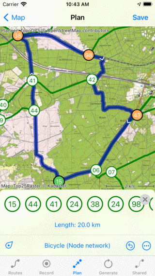 Route plan screen Topo GPS