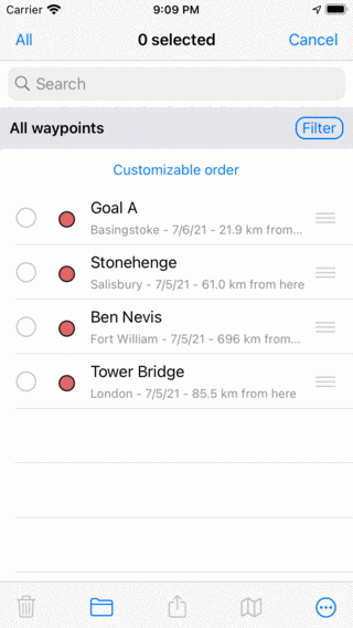 Waypoint selection screen Topo GPS