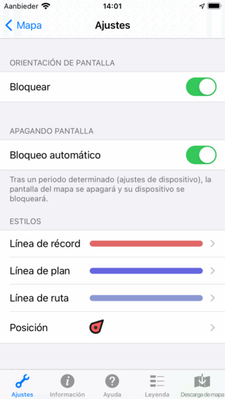 Pantalla de ajustes Topo GPS