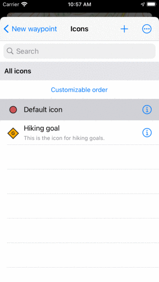 Pantalla de iconos de waypoint Topo GPS