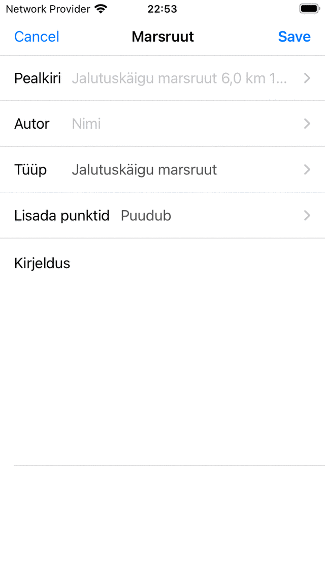Marsruudi plaani ekraan Topo GPS