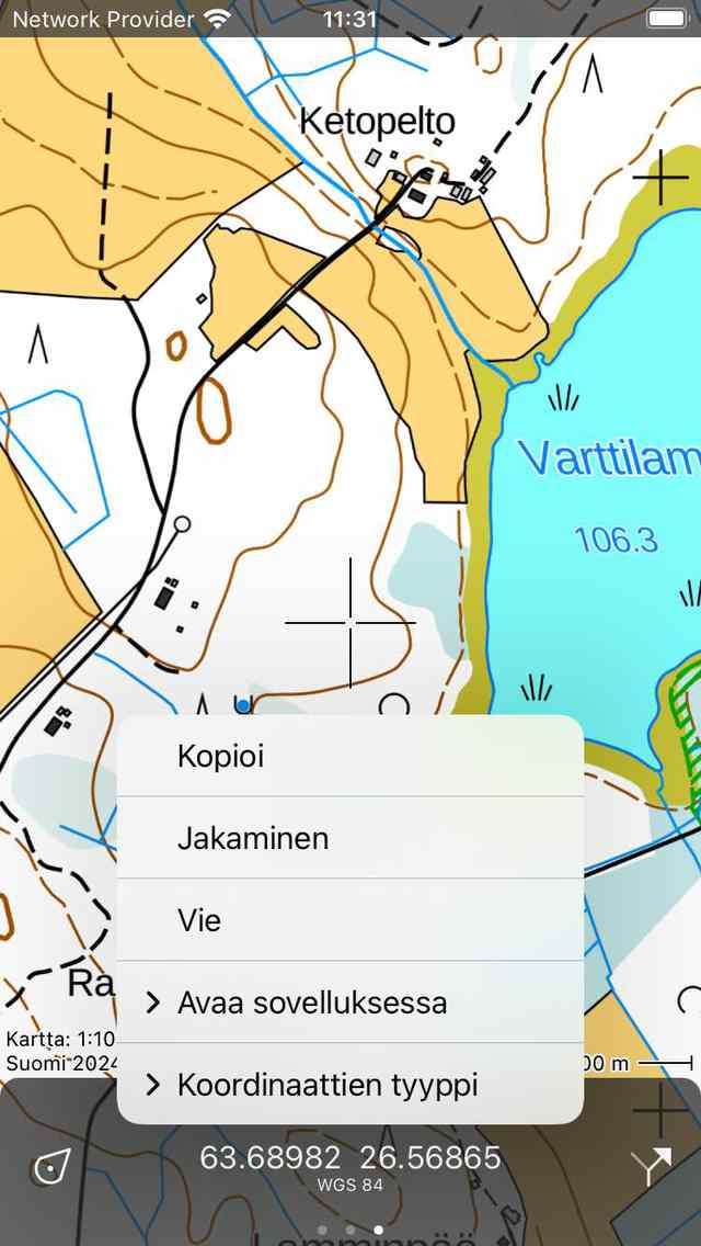 Koordinaattipaneelin ponnahdusikkuna Topo GPS