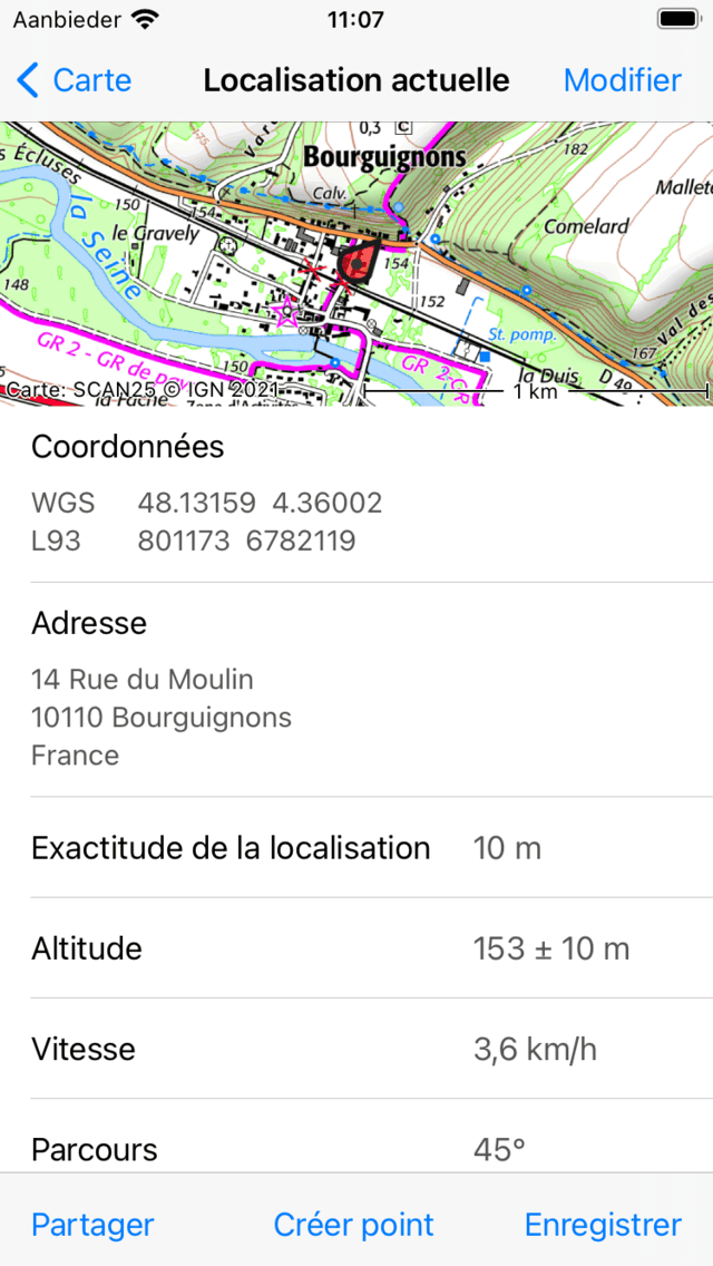 Écran de localisation actuelle Topo GPS