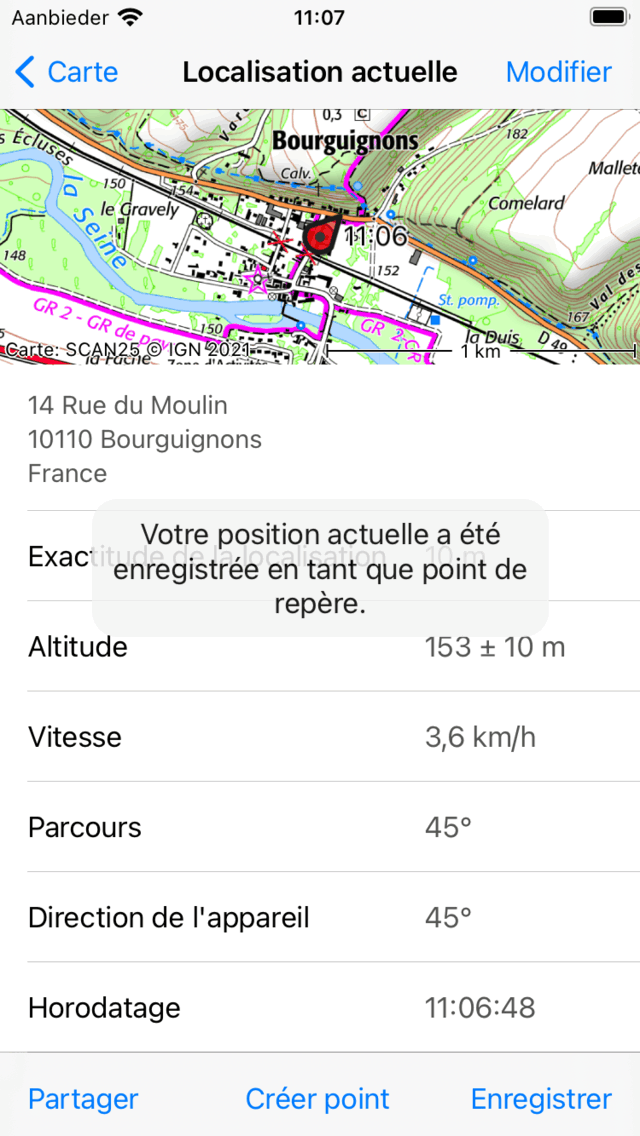Enregistrement de la position actuelle en tant que point de cheminement Topo GPS