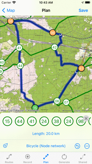 Écran de plan d'itinéraire Topo GPS