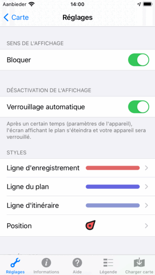 Écran de paramètres Topo GPS