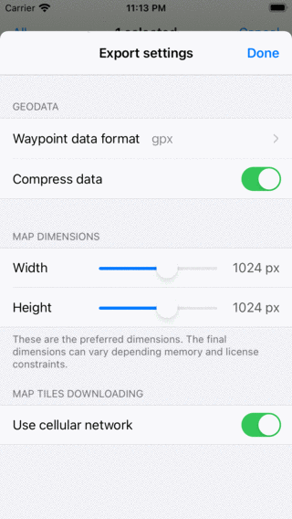Écran des paramètres d'exportation Waypoint Topo GPS