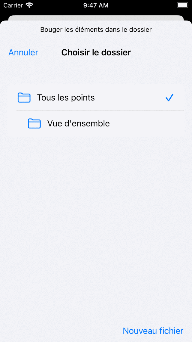 Écran de déplacement des points de cheminement Topo GPS