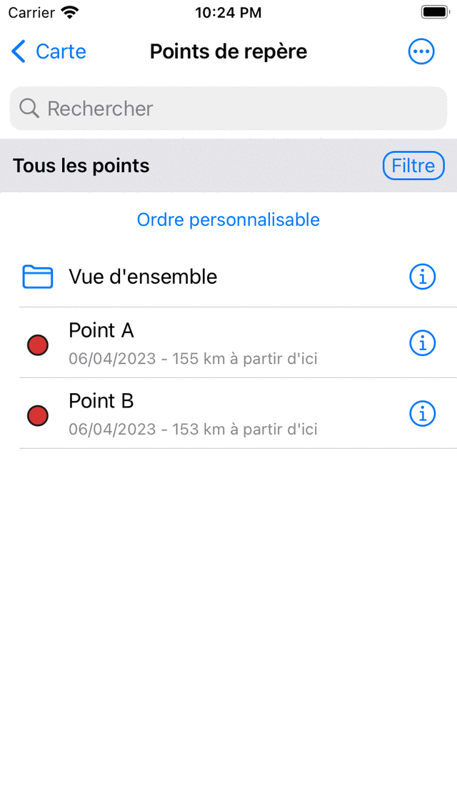 écran de points de cheminement Topo GPS