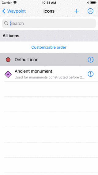 Écran des icônes Waypoint Topo GPS