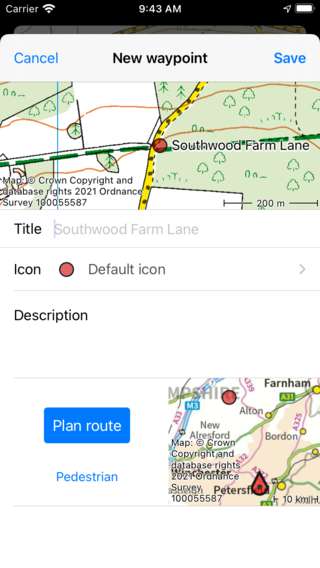 Écran de création de Waypoint à partir de la carte Topo GPS