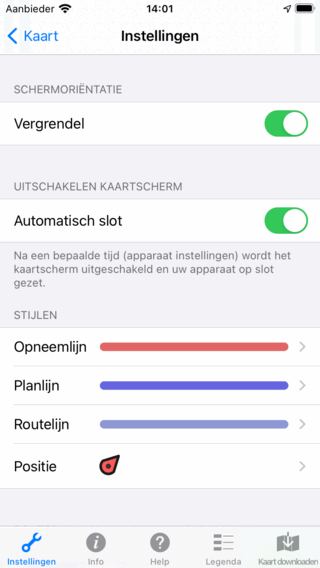 Instellingenscherm Topo GPS