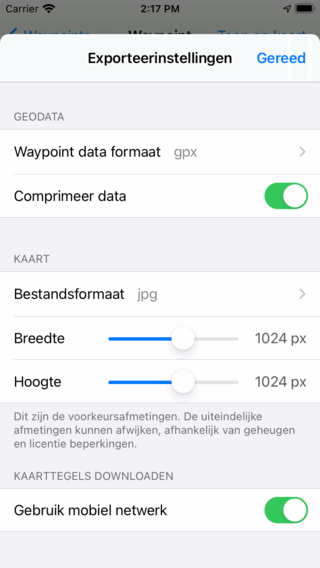 Waypoint exporteerinstellingen scherm Topo GPS