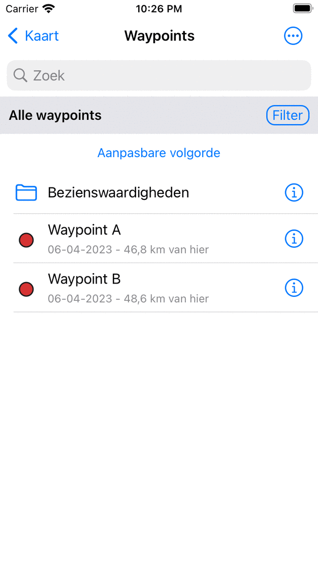 Waypointsscherm Topo GPS