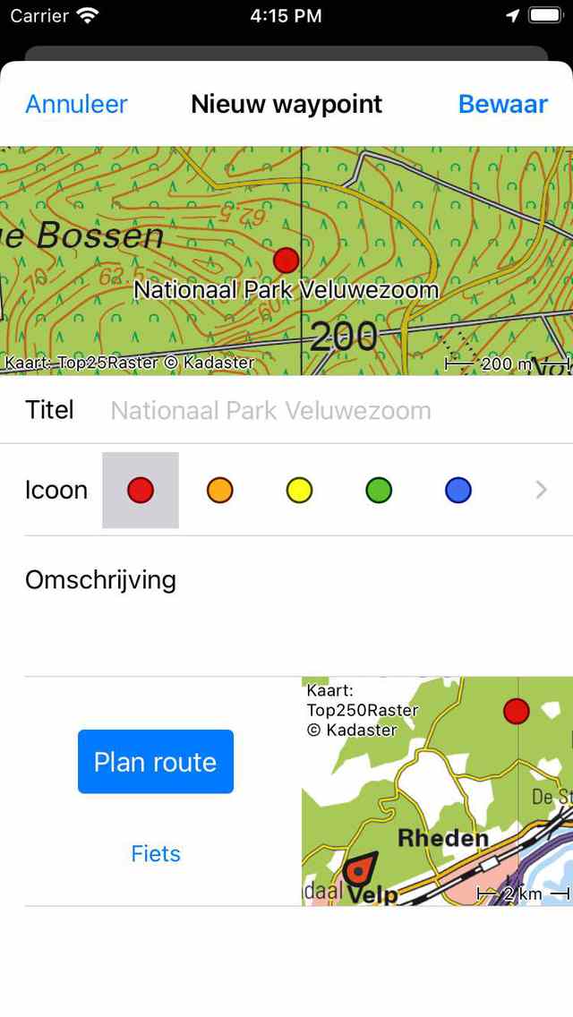 Waypointaanmaakscherm vanaf kaart Topo GPS