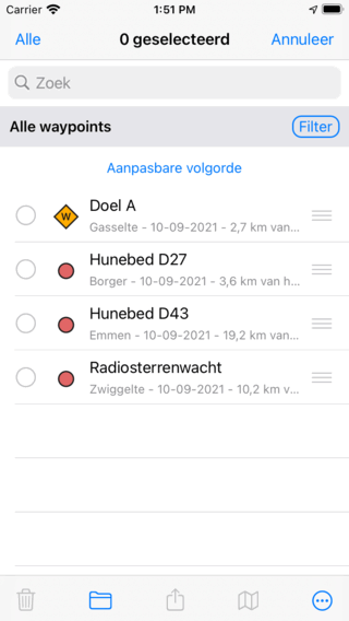Waypoint selectiescherm Topo GPS