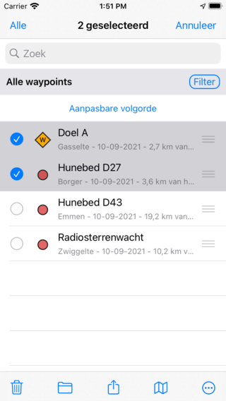 Twee geselecteerde waypoints Topo GPS
