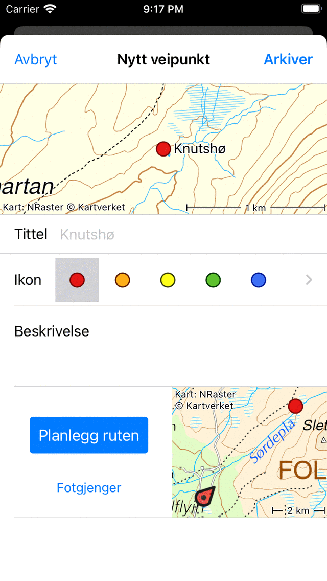 Waypoint oppretting skjermen fra kart Topo GPS