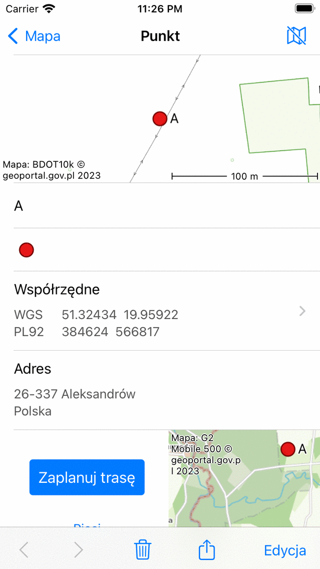 Szczegóły punktów nawigacji Topo GPS