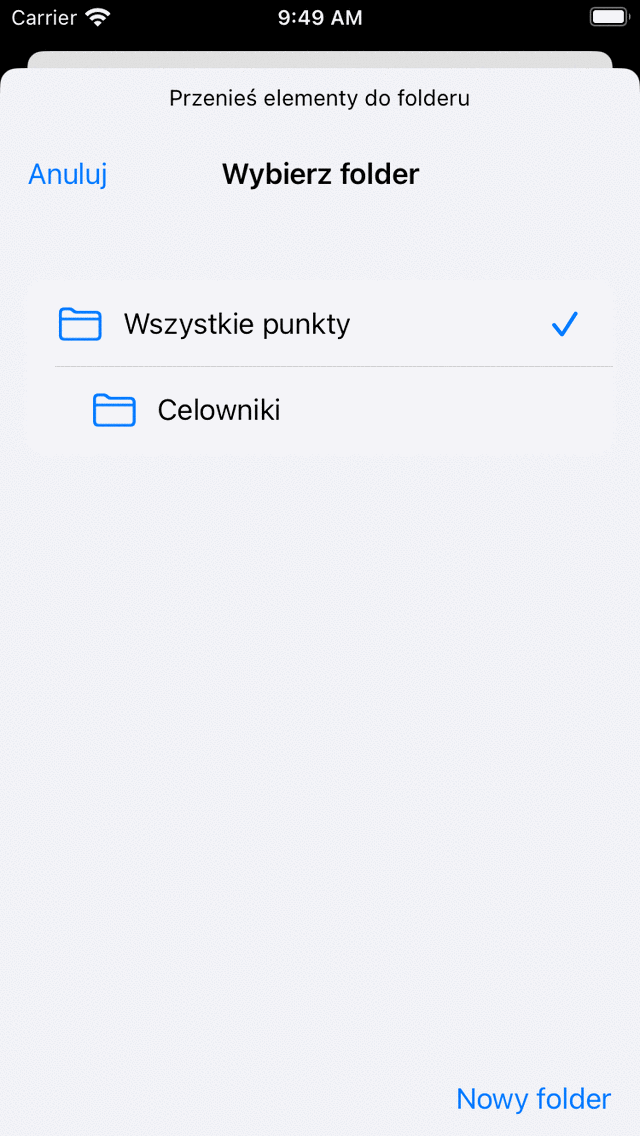 Przesuń ekran punktów trasy Topo GPS