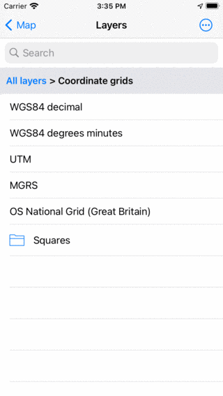 Grades de coordenadas na tela de camadas Topo GPS