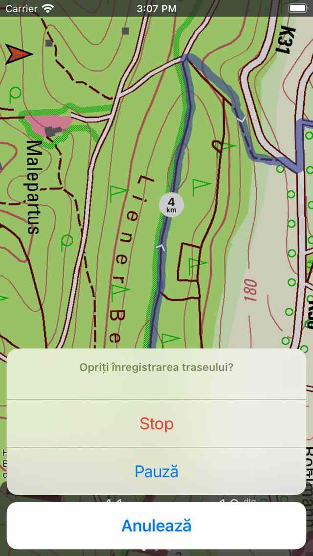 Oprirea înregistrării traseului Topo GPS