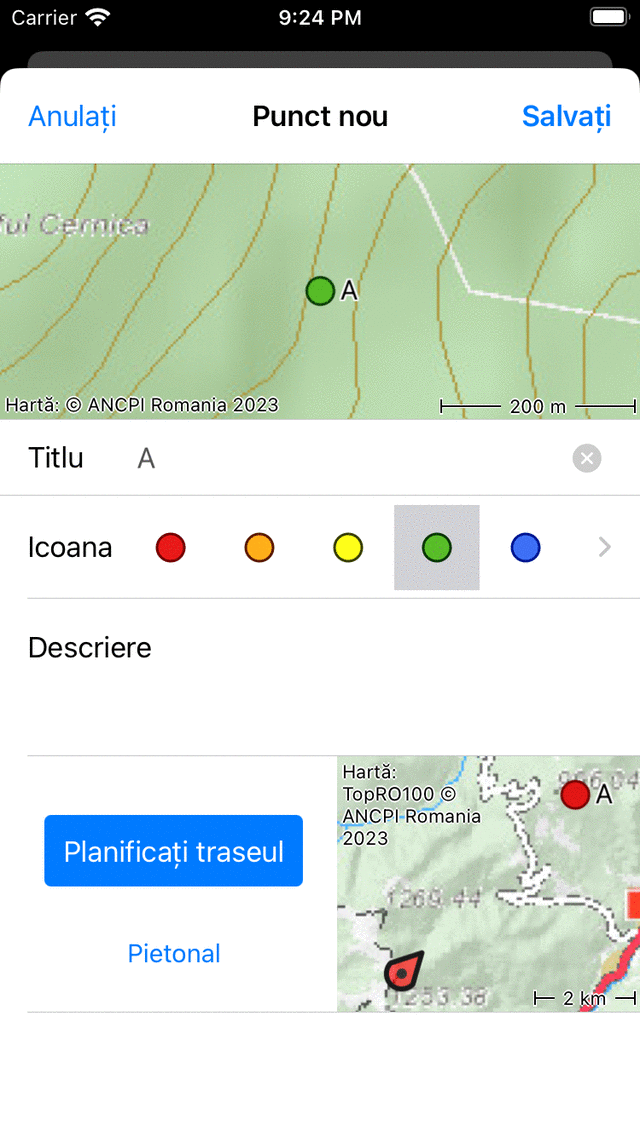 Punct de referință adăugat la harta Topo GPS