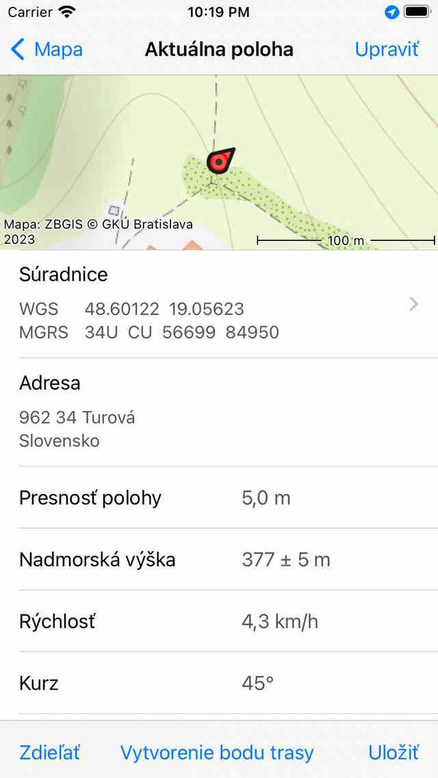 Aktuálna poloha obrazovky Topo GPS