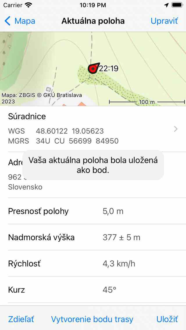 Uloženie aktuálnej polohy ako traťového bodu Topo GPS