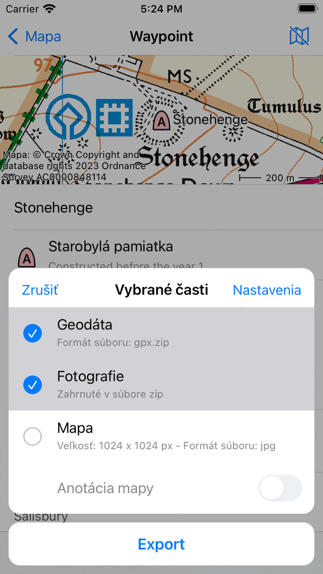 Exportovať vyskakovacie okno Topo GPS