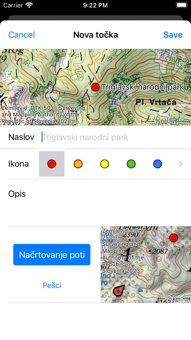 Zaslon za ustvarjanje poti iz zemljevida Topo GPS