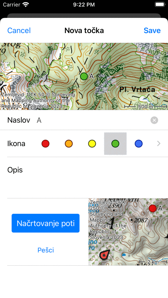 Točna točka je dodana na zemljevid Topo GPS