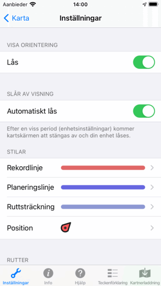 Inställningar skärm Topo GPS